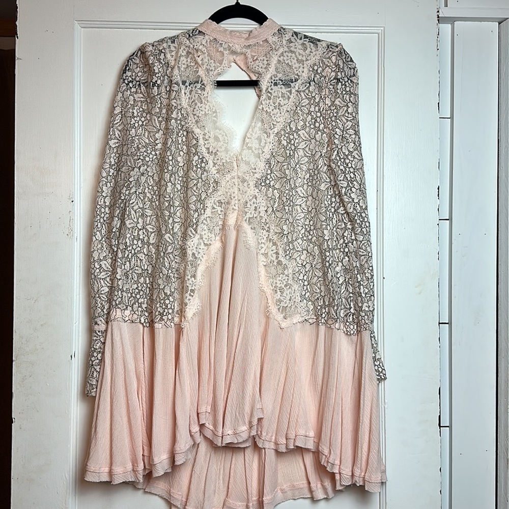 Free People Lace Babydoll Tunic Top M |Sheer Floral Lace Boho Festival Layering